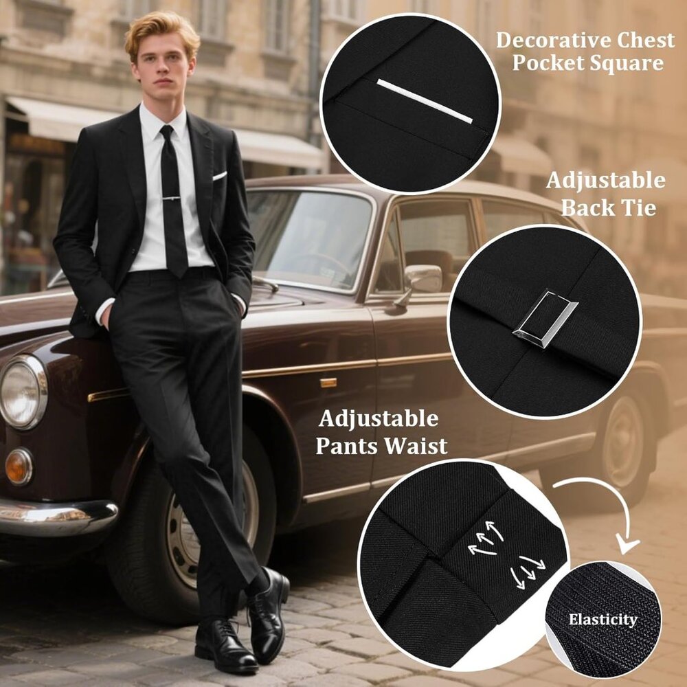 Men's Regular Fit 3-Piece Black Suit - Slim Fit Blazer, Vest & Pants - XXL - Picture 4 of 6